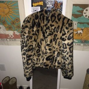 fuzzy leopard print zip up jacket
